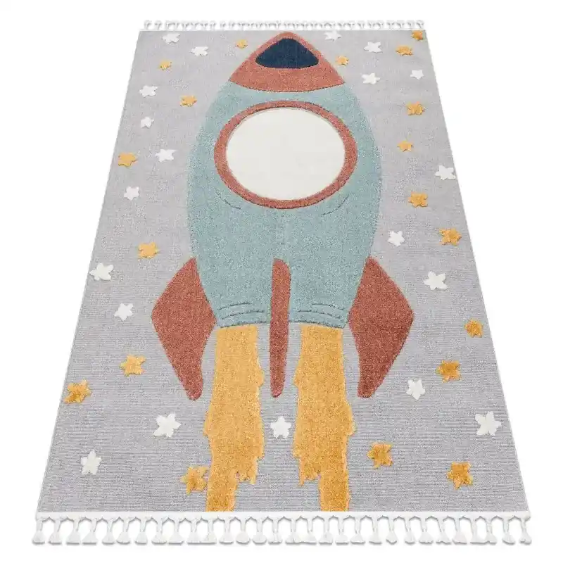 Vendita Finale Tappeto YOYO GD55 grigio / blu - Stelle, razzo per bambini, strutturali, sensoriali Frange