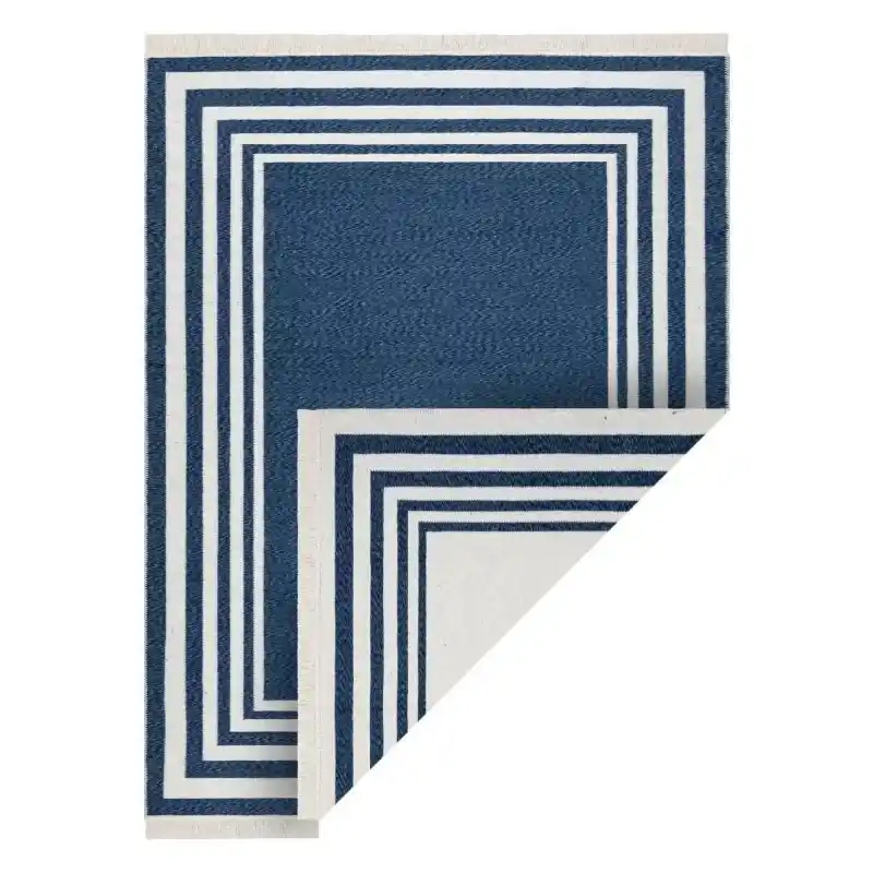 Promozione Tappeto TWIN Telaio, cotone, bifacciale, Frange ecologiche - blu scuro / crema