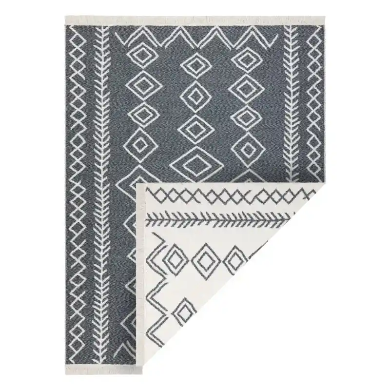 Tappeto TWIN Boho, cotone, bifacciale, rombi Frange ecologiche - antracite / crema Prezzo Conveniente