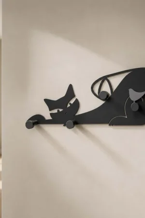 Attaccapanni per ingresso in legno con mamma gatta e uccellino con 4 ganci Direttamente Dal Produttore