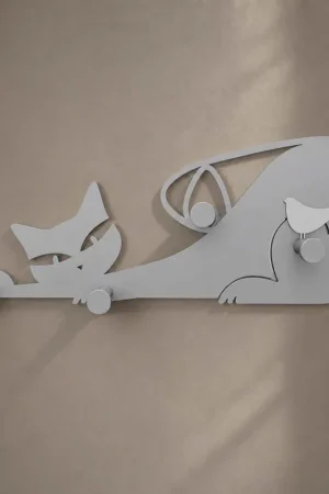 Appendiabiti per ingressi in legno con gatto e uccellino con 4 ganci Popolare