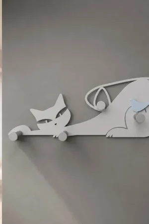 Appendiabiti da ingresso in legno con gatto e uccellino con 4 ganci Bestseller