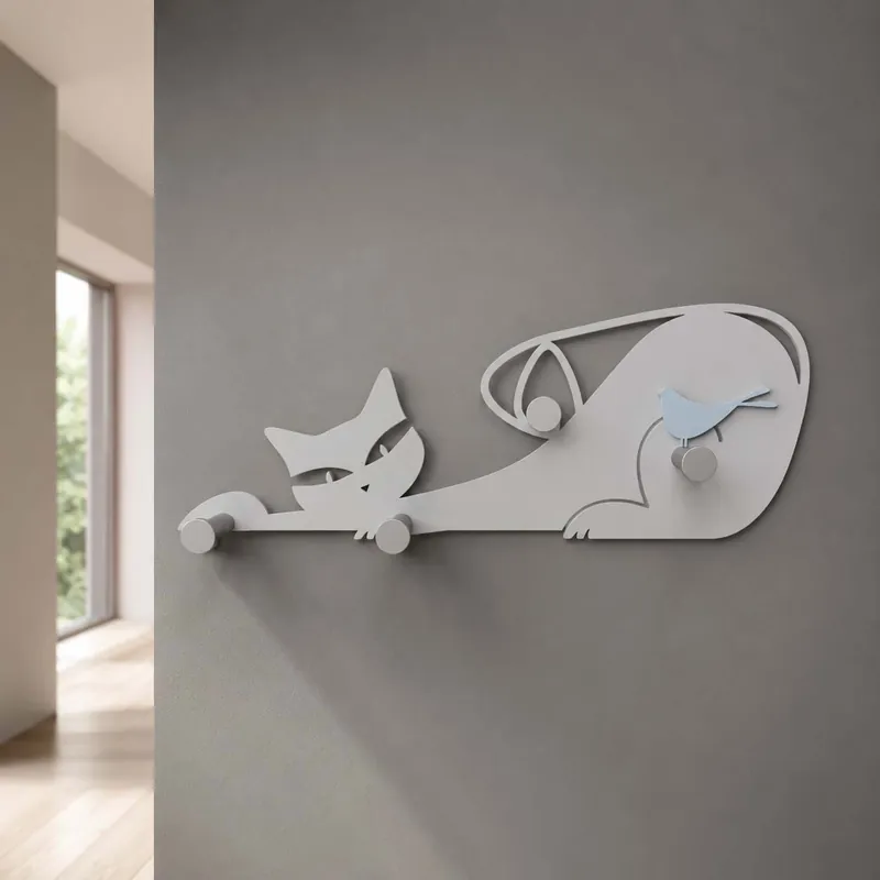 Appendiabiti da ingresso in legno con gatto e uccellino con 4 ganci Bestseller
