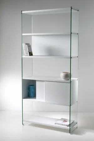 Libreria moderna componibile con fianchi in vetro e ripiano in legno scorrevole Spedito Oggi