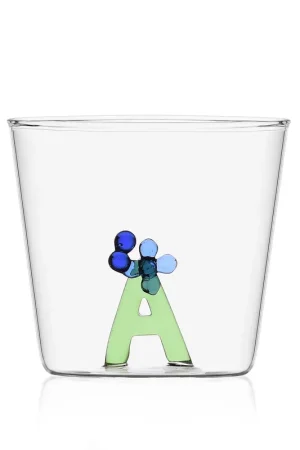 Bicchiere in vetro tumbler con alfabeto fiorito lettera "A" Solo Oggi