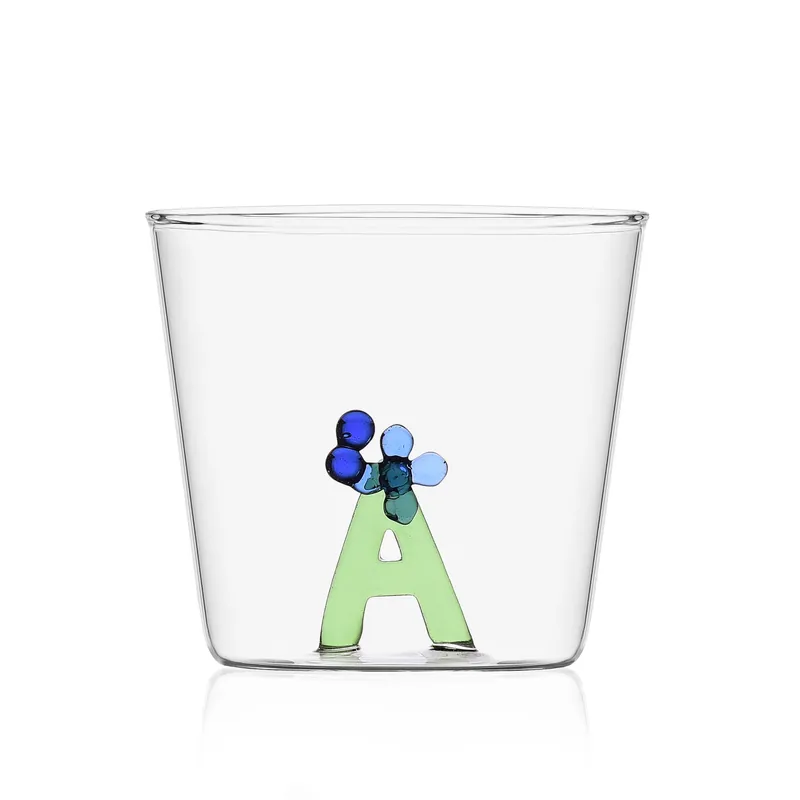 Bicchiere in vetro tumbler con alfabeto fiorito lettera "A" Solo Oggi