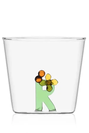 Bicchiere in vetro tumbler con alfabeto fiorito lettera "R" Scelto Dai Clienti