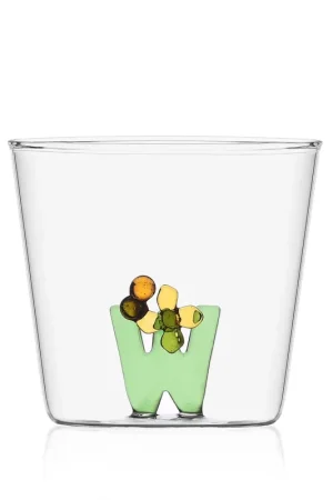 Bicchiere in vetro tumbler con alfabeto fiorito lettera "W" Di Tendenza