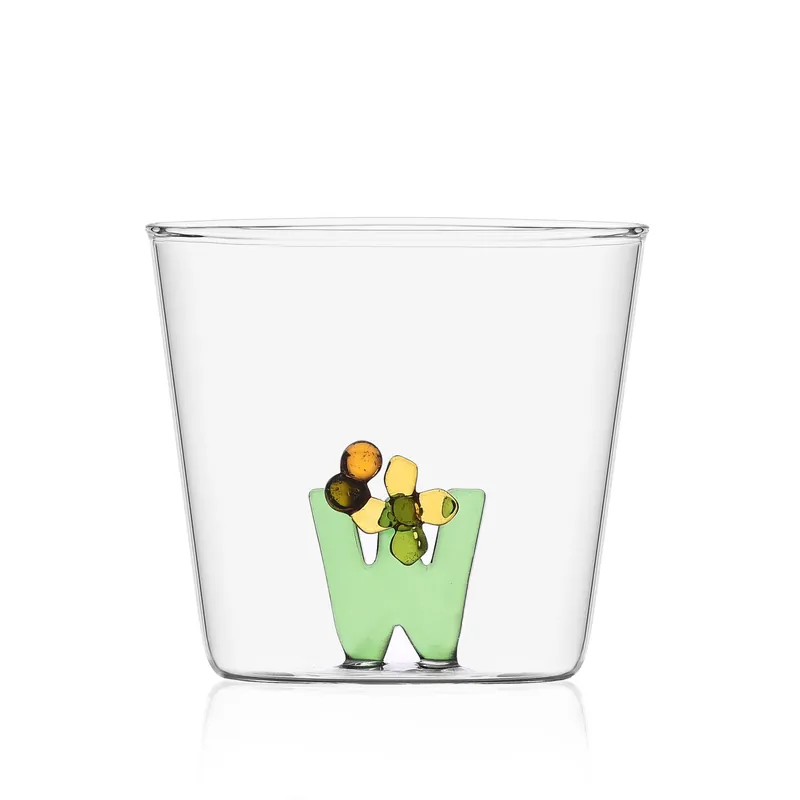 Bicchiere in vetro tumbler con alfabeto fiorito lettera "W" Di Tendenza
