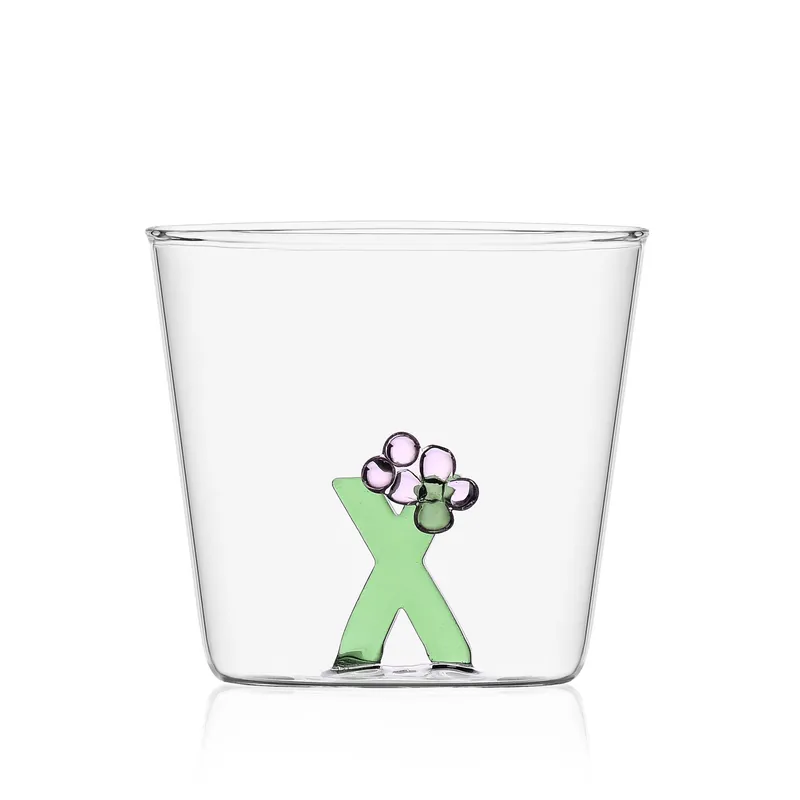 Bicchiere in vetro tumbler con alfabeto fiorito lettera "X" Quantità Limitata
