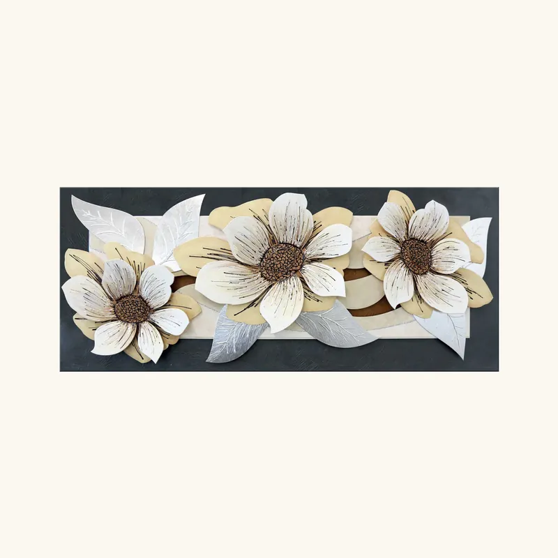 Affare Tela in rilievo decori materici e foglia argento "White Bouquet" 155x65