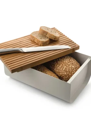 Affare Cassetta per pane in acciaio con tagliere in legno di bambù