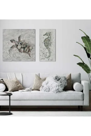 A Buon Prezzo Quadro moderno astratto con disegno marino dipinto a mano "Hippocampus" 30x60