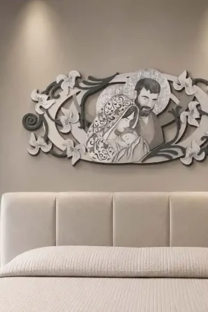Capezzale la sacra famiglia in rilievo e dettagli in legno foglia argento 155x65 Bestseller