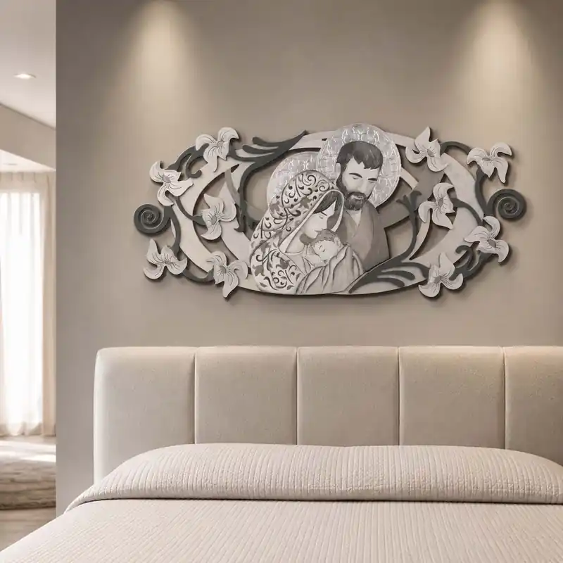 Capezzale la sacra famiglia in rilievo e dettagli in legno foglia argento 155x65 Bestseller