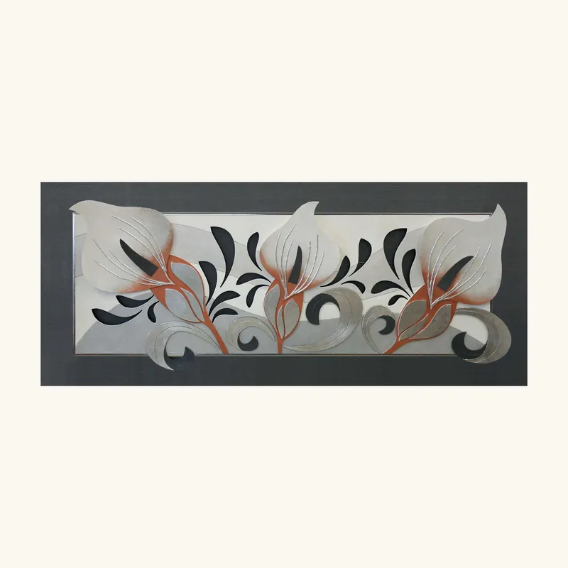 Quadro moderno in legno con fiori in rilievo dettagli foglia argento 155x65 Solo Oggi
