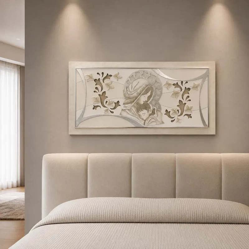 Capezzale con Maternità in rilievo decori materici e foglia argento 120x60 Spedito Oggi