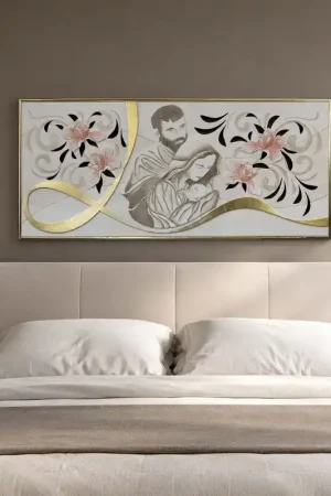 Capezzale materico moderno Sacra Famiglia in rilievo con foglia oro 120x60 Prezzo Di Fabbrica