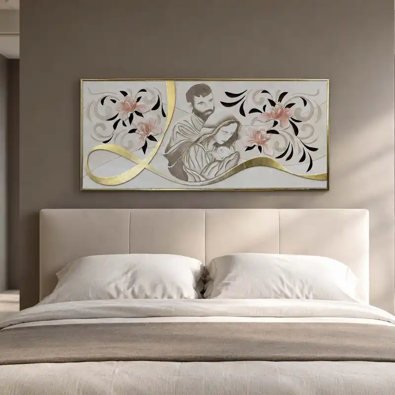 Capezzale materico moderno Sacra Famiglia in rilievo con foglia oro 120x60 Prezzo Di Fabbrica