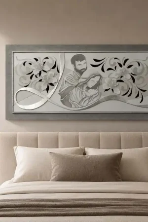 Capezzale moderno materico Sacra Famiglia in rilievo con foglia argento 120x60 Solo Oggi