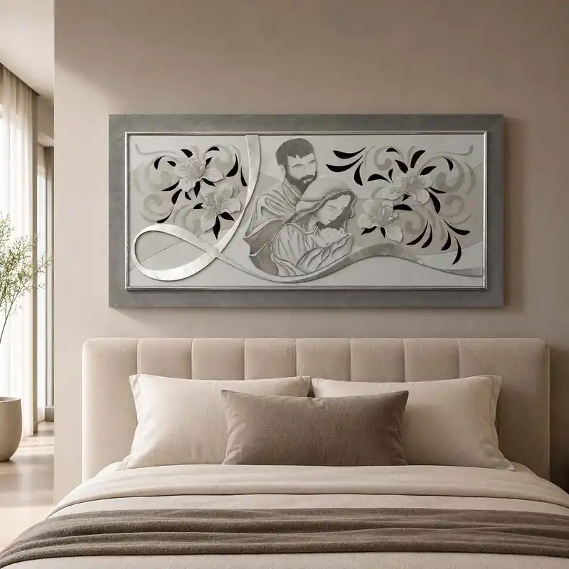 Capezzale moderno materico Sacra Famiglia in rilievo con foglia argento 120x60 Solo Oggi