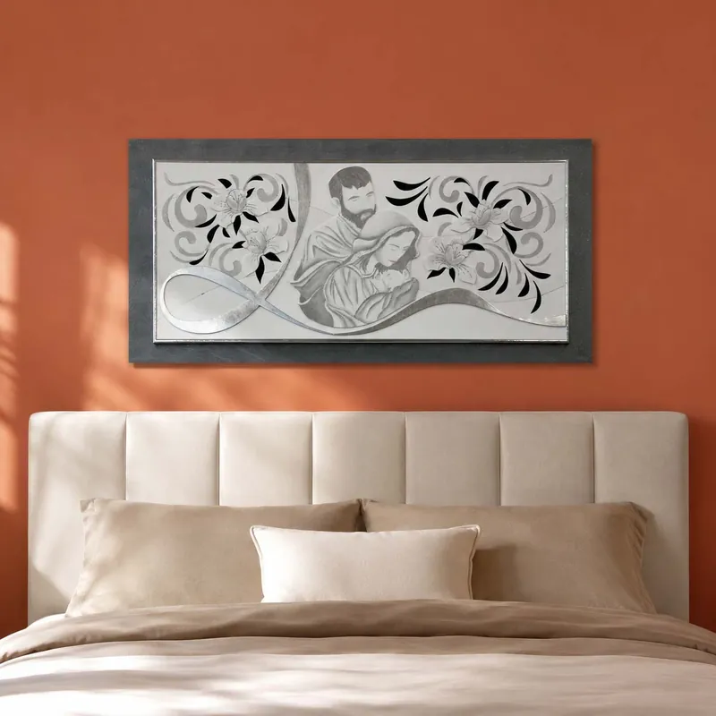 Capezzale materico moderno Sacra Famiglia in rilievo con foglia argento 120x60 Nuovo Arrivo