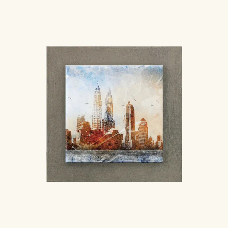 Quadretto in legno con skyline in rilievo astratto con dettagli in argento 35x35 Esclusivo