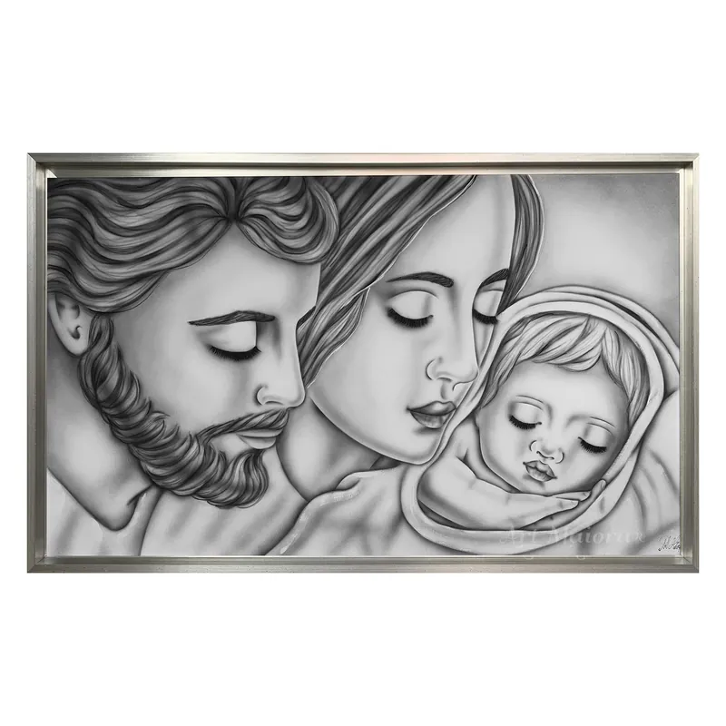 Capezzale con sacra famiglia dipinta a mano su tela in cotone "Tenerezza" 110x65 Affare