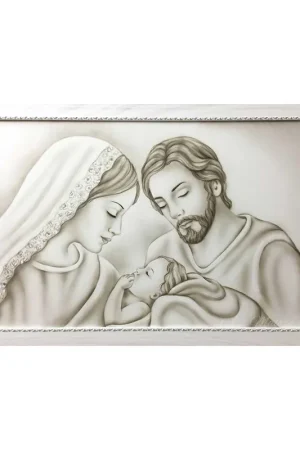Capezzale moderno con la sacra famiglia dipinta a mano su tela "Unione" 110x65 Offerta Lampo