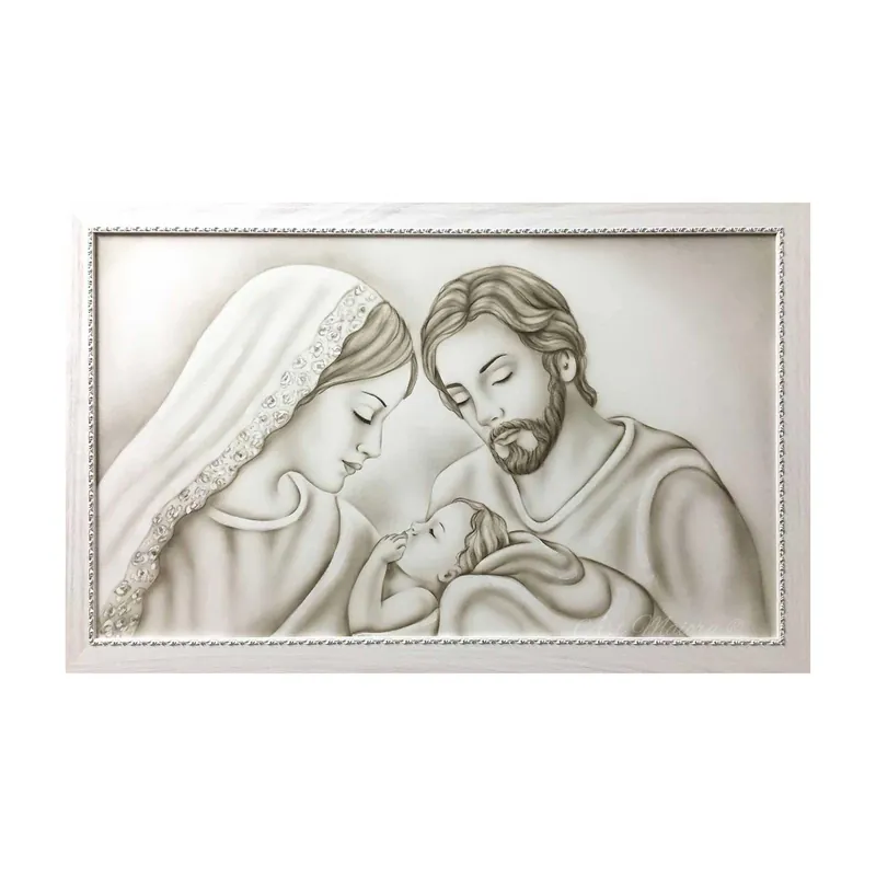 Capezzale moderno con la sacra famiglia dipinta a mano su tela "Unione" 110x65 Offerta Lampo
