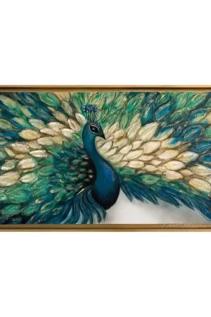 Nuova Collezione Quadro moderno con ritratto di pavone dipinto a mano su tela "Vanity" 130x70
