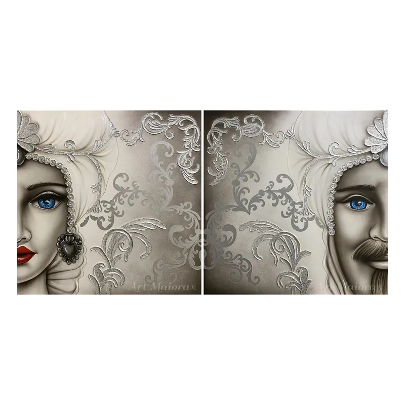 Set 2 pezzi quadri moderni con teste di moro su tela "Mori King" 80x80 Di Tendenza