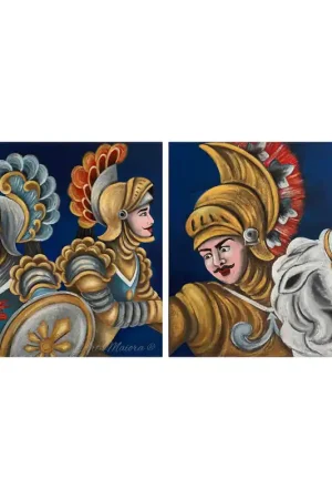 Spedito Oggi Set 2 pezzi quadri moderni dipinti a mano su tela "Pupi Siciliani" 80x80 cad.