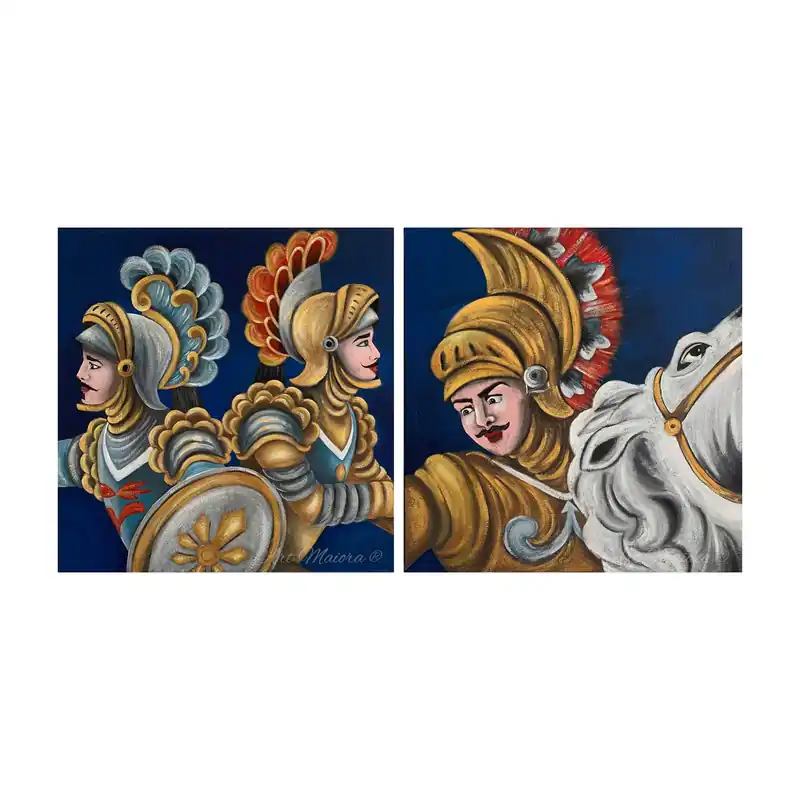 Spedito Oggi Set 2 pezzi quadri moderni dipinti a mano su tela "Pupi Siciliani" 80x80 cad.