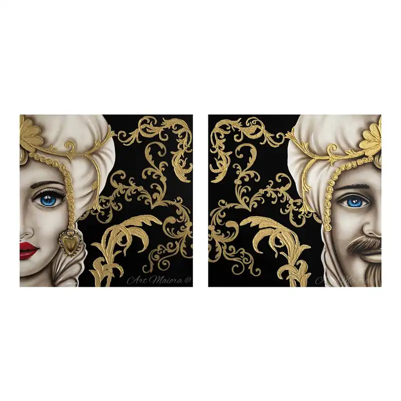Set 2 pezzi quadri dipinti a mano su tela in cotone "Mori King" 80x80 Offerta Lampo