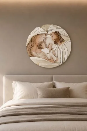 Capezzale rotondo sacra famiglia con bassorilievo dipinto a mano retro in legno Più Venduto