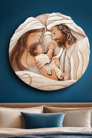 Capezzale rotondo sacra famiglia con bassorilievo dipinto a mano retro in legno Novità