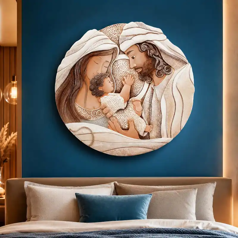 Capezzale rotondo sacra famiglia con bassorilievo dipinto a mano retro in legno Novità