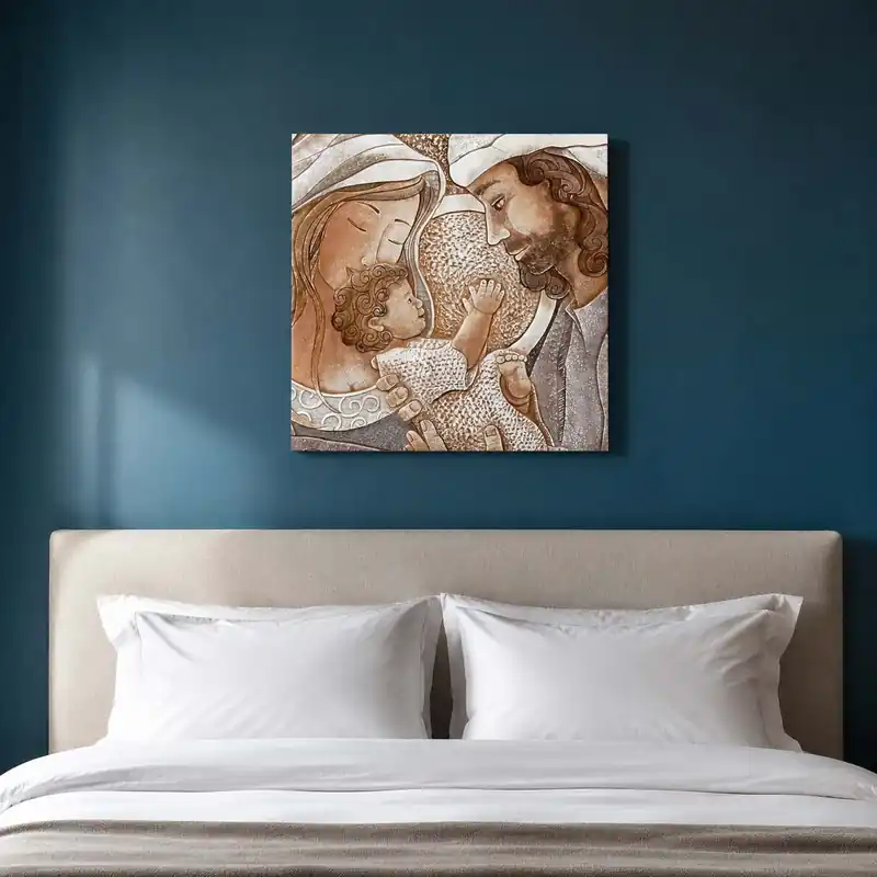 Spedizione Espresso Capezzale quadrato sacra famiglia con bassorilievo dipinto a mano retro in legno