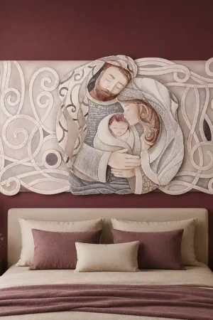 Capezzale con Sacra Famiglia in bassorilievo dipinto a mano con retro in legno Nuovo Arrivo