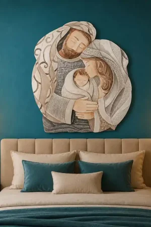 Capezzale Sacra Famiglia rotondo in bassorilievo dipinto a mano retro in legno Promo Stagionale