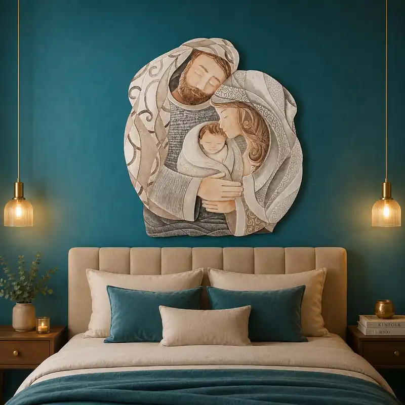 Capezzale Sacra Famiglia rotondo in bassorilievo dipinto a mano retro in legno Promo Stagionale