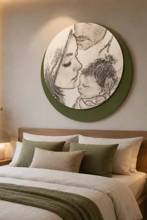 Di Tendenza Capezzale rotondo dal design moderno in legno con stampa sacra famiglia