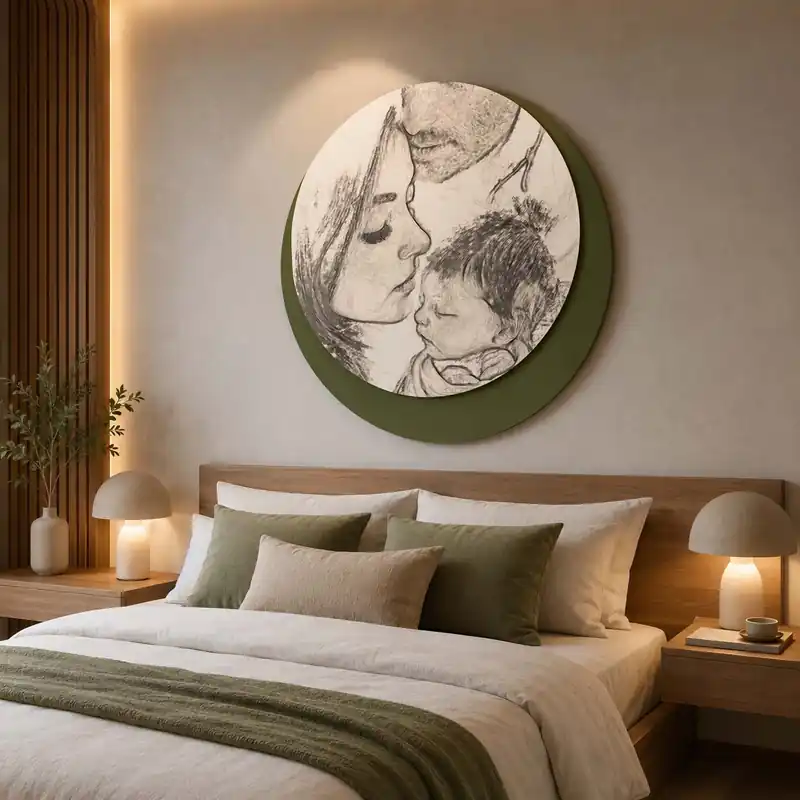 Di Tendenza Capezzale rotondo dal design moderno in legno con stampa sacra famiglia