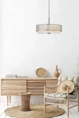 Lampada a sospensione in acciaio con diffusore in lino e vetro a 3 luci - 60W - IP20 Prezzo Ridotto