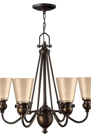 Compra Oggi Stesso Lampadario con struttura rustica in acciaio e 6 diffusori in vetro ambrato - 60W - IP20