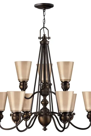 Affare Lampadario grande struttura rustica in acciaio e 6 diffusori in vetro ambrato - 60W - IP20