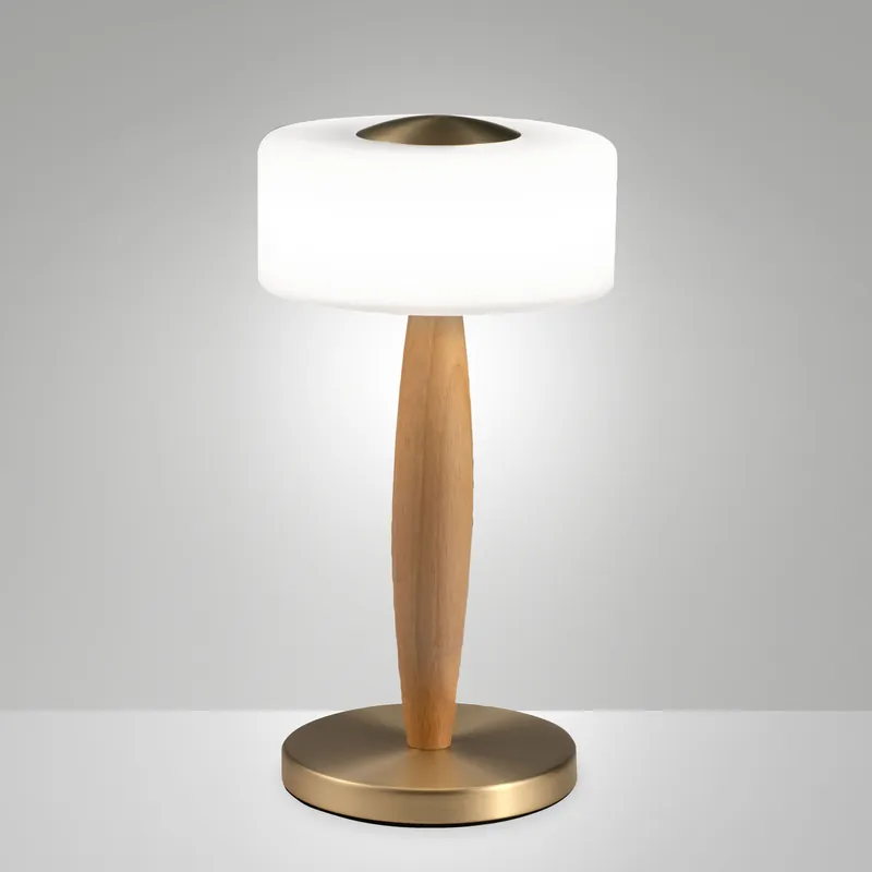 Abatjour a led moderna in metallo e legno e diffusore in vetro soffiato - 8W - Lumen 860 - 3000k Luce Calda - IP20 Prezzo Di Fabbrica