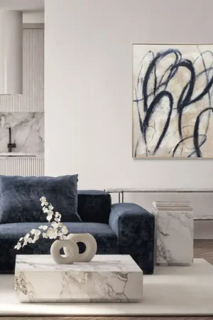 A Buon Prezzo Quadro astratto con cornice dipinto a mano su tela di cotone Blue Billow 90x120