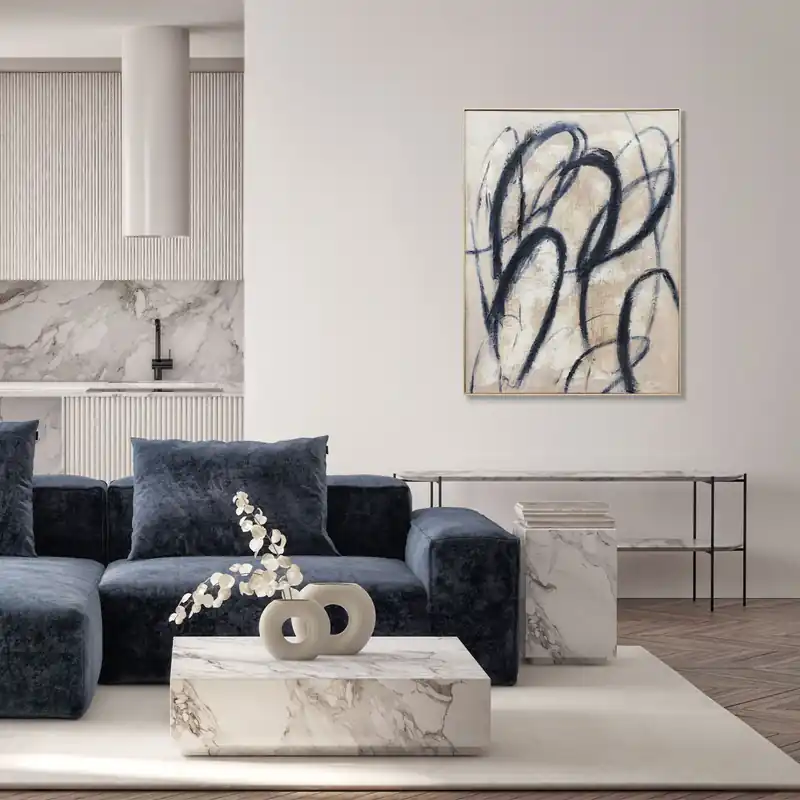 A Buon Prezzo Quadro astratto con cornice dipinto a mano su tela di cotone Blue Billow 90x120